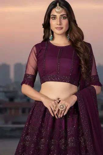 Wine Net Embroidered Lehenga With Choli And Net Dupatta