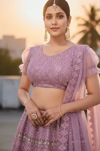 Lavender Net Embroidered Lehenga With Choli And Net Dupatta
