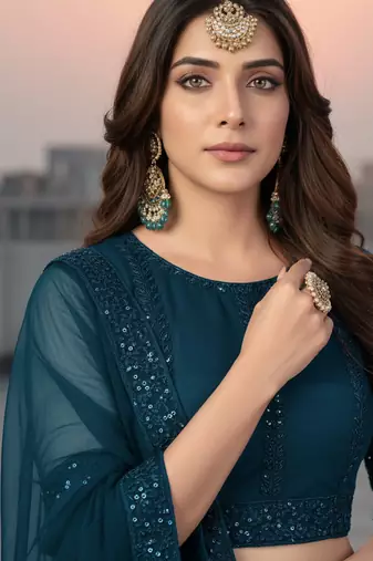 Teal Net Embroidered Lehenga With Choli And Net Dupatta