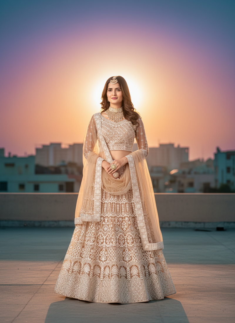 Light Yellow Net Embroidered Lehenga With Choli And Net Dupatta