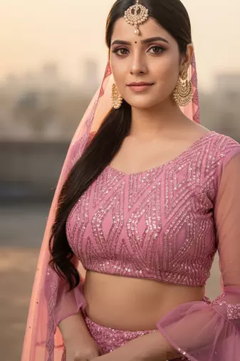 Pink Net Embroidered Lehenga With Choli And Net Dupatta