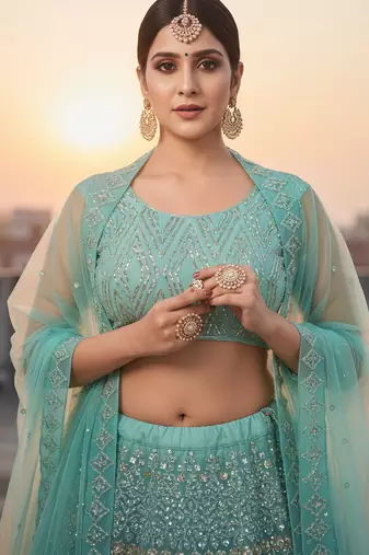 Light Green Net Embroidered Lehenga With Choli And Net Dupatta