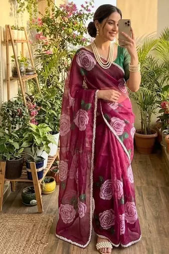 Wine Color flower prints and khatli border Work Silk Blend Saree