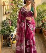 Wine Color flower prints and khatli border Work Silk Blend Saree