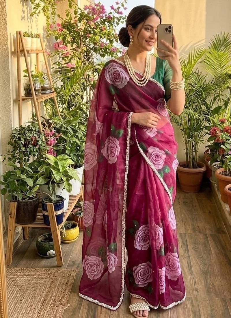Wine Color flower prints and khatli border Work Silk Blend Saree