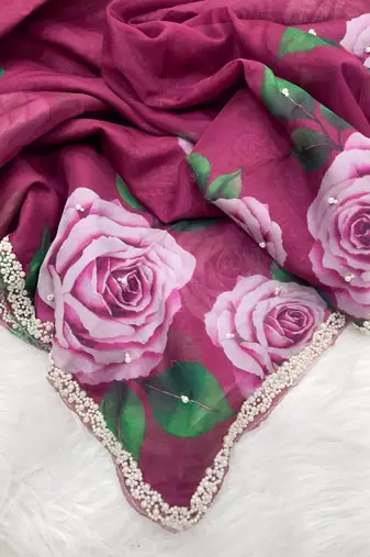 Wine Color flower prints and khatli border Work Silk Blend Saree