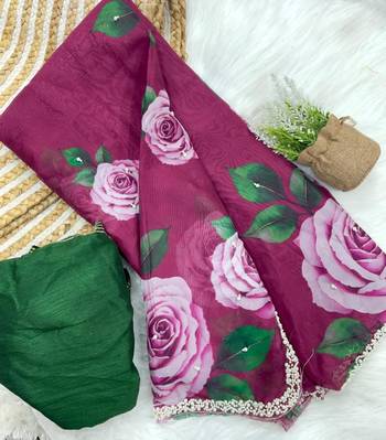 Wine Color flower prints and khatli border Work Silk Blend Saree 5