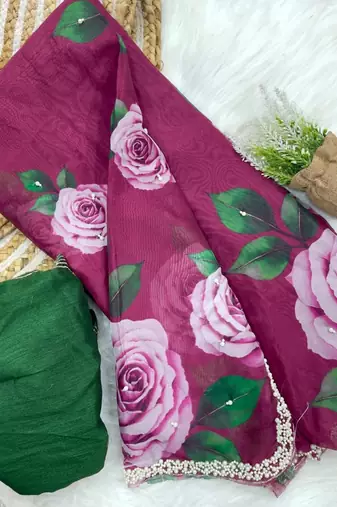 Wine Color flower prints and khatli border Work Silk Blend Saree