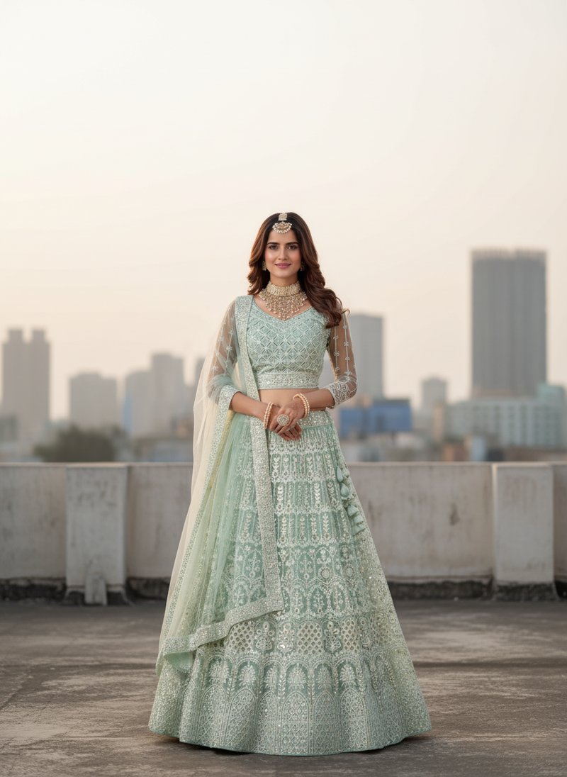 Light Blue Net Embroidered Lehenga With Choli And Net Dupatta