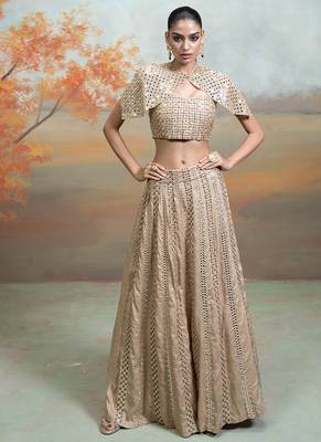 champagne gold embroidered raw silk lehenga cape set 1