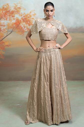 champagne gold embroidered raw silk lehenga cape set