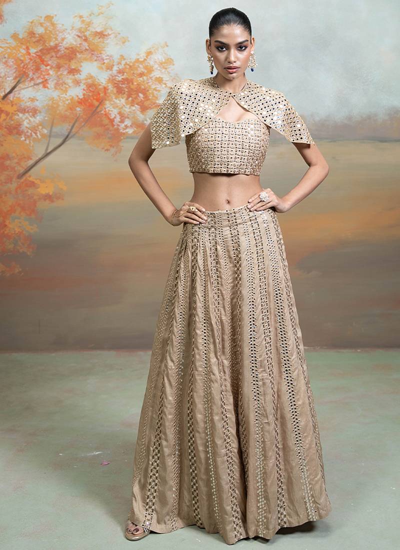 champagne gold embroidered raw silk lehenga cape set