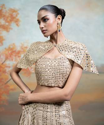 champagne gold embroidered raw silk lehenga cape set 3