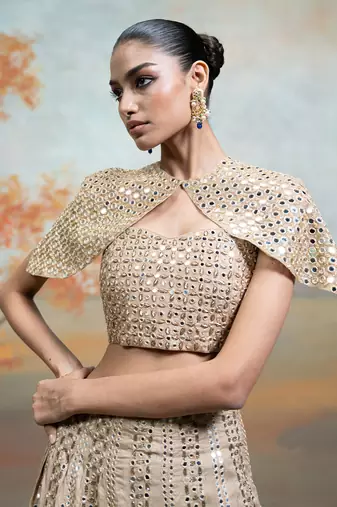 champagne gold embroidered raw silk lehenga cape set