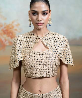 champagne gold embroidered raw silk lehenga cape set 4