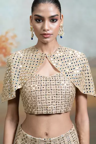 champagne gold embroidered raw silk lehenga cape set