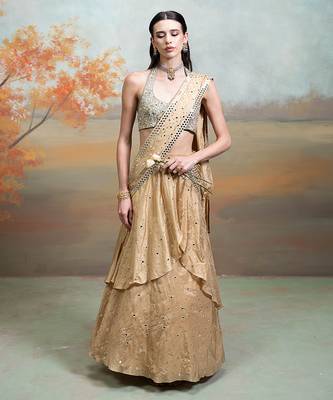 champagne gold embroidered silk saree style lehenga set 1