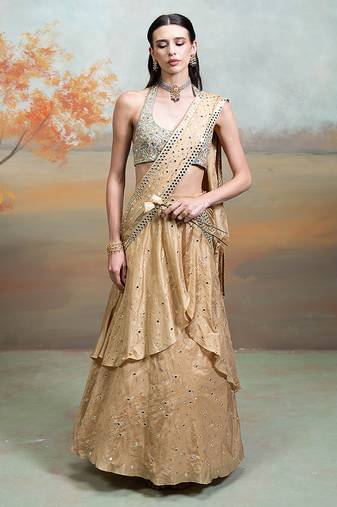 champagne gold embroidered silk saree style lehenga set