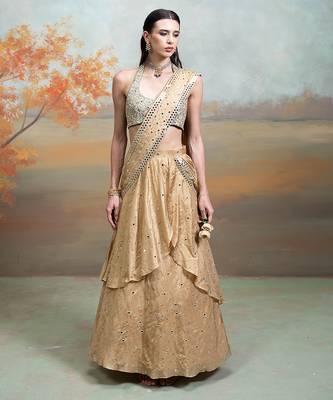 champagne gold embroidered silk saree style lehenga set 2
