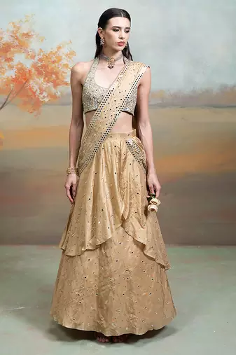 champagne gold embroidered silk saree style lehenga set