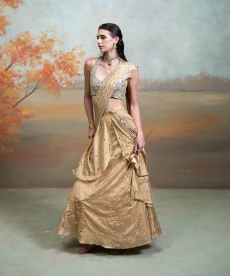 champagne gold embroidered silk saree style lehenga set 3