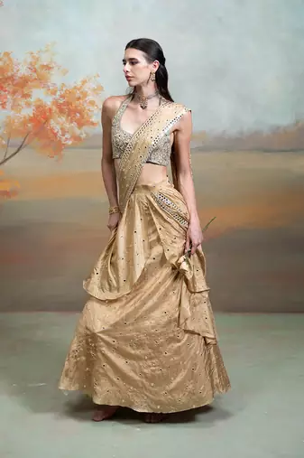 champagne gold embroidered silk saree style lehenga set