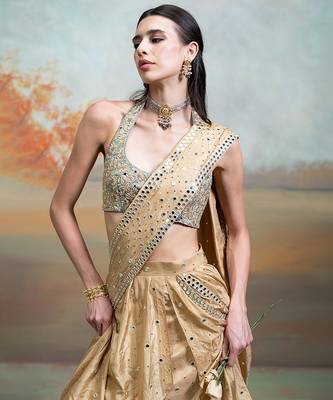 champagne gold embroidered silk saree style lehenga set 4