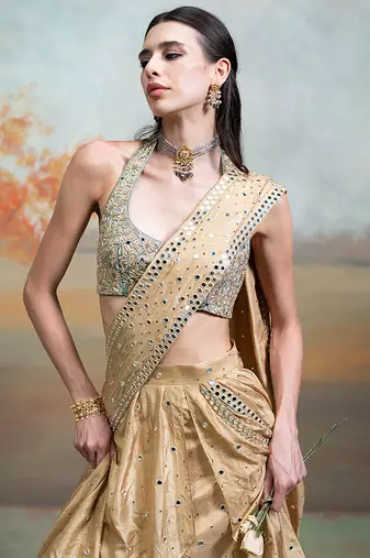 champagne gold embroidered silk saree style lehenga set