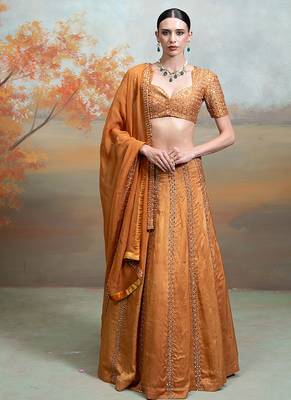 rust orange embroidered raw silk lehenga set 1