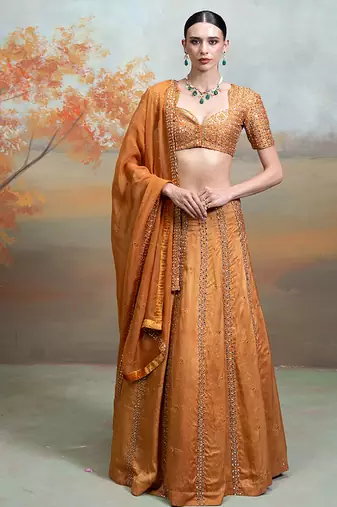 rust orange embroidered raw silk lehenga set