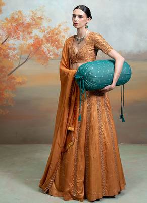 rust orange embroidered raw silk lehenga set 2