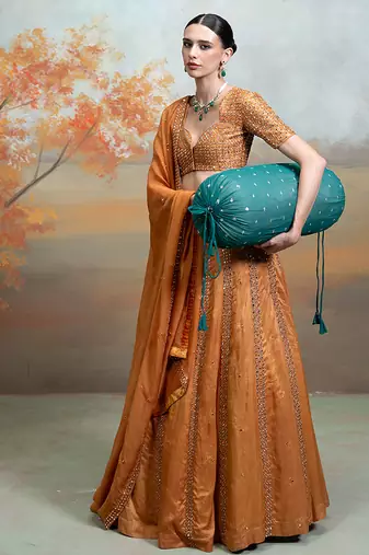 rust orange embroidered raw silk lehenga set