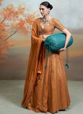 rust orange embroidered raw silk lehenga set 3