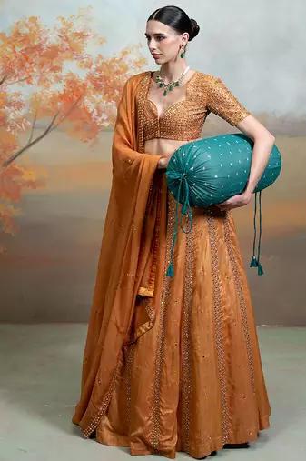 rust orange embroidered raw silk lehenga set