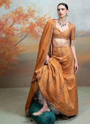 rust orange embroidered raw silk lehenga set 4