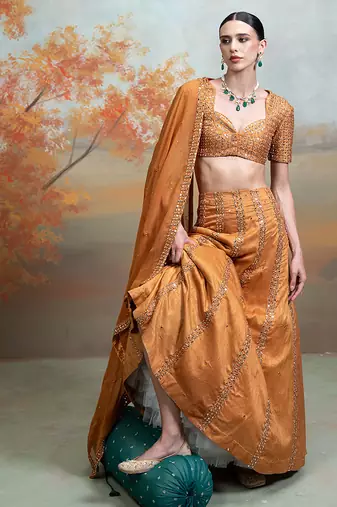 rust orange embroidered raw silk lehenga set