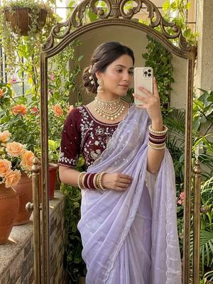Lavender Color  hand cutdana moti border Work Satin Saree 1
