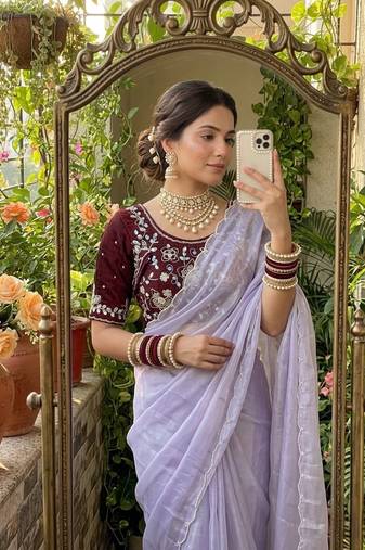 Lavender Color  hand cutdana moti border Work Satin Saree
