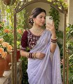 Lavender Color  hand cutdana moti border Work Satin Saree