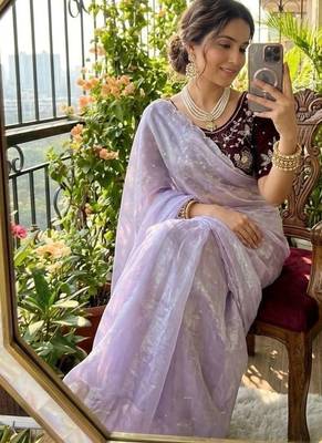 Lavender Color  hand cutdana moti border Work Satin Saree 3