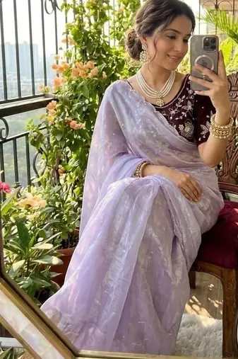 Lavender Color  hand cutdana moti border Work Satin Saree