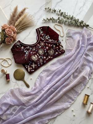 Lavender Color  hand cutdana moti border Work Satin Saree 4