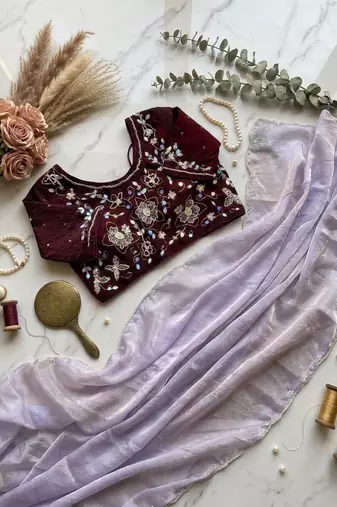 Lavender Color  hand cutdana moti border Work Satin Saree