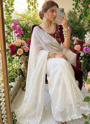 White Color  hand cutdana moti border Work Satin Saree 1