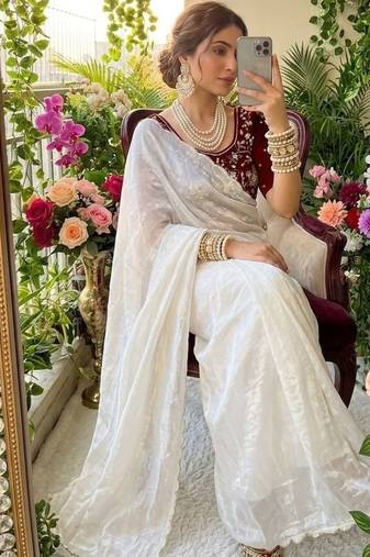 White Color  hand cutdana moti border Work Satin Saree