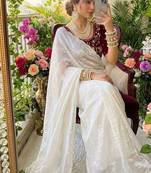 White Color  hand cutdana moti border Work Satin Saree