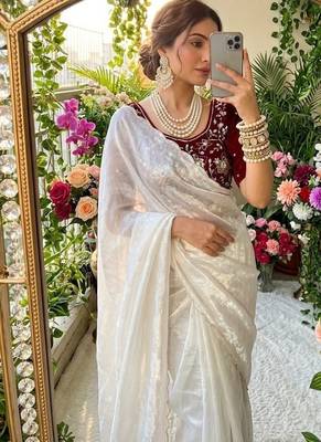 White Color  hand cutdana moti border Work Satin Saree 2