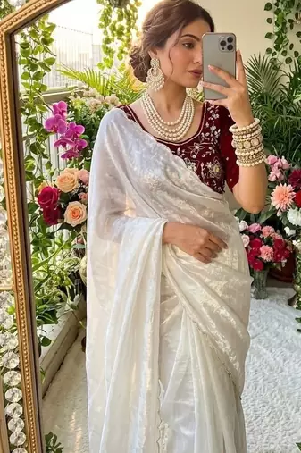 White Color  hand cutdana moti border Work Satin Saree
