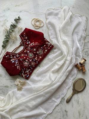 White Color  hand cutdana moti border Work Satin Saree 3