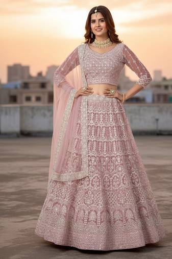 Pink Net Embroidered Lehenga With Choli And Net Dupatta